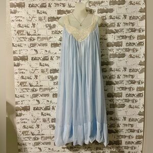 Vintage Mid Century Juliana Lingerie Blue Nylon Nightgown Lace Yoke
